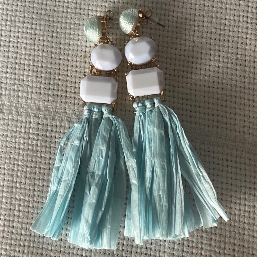 WHITE & BLUE STONE RAFFIA TASSEL  EARRINGS